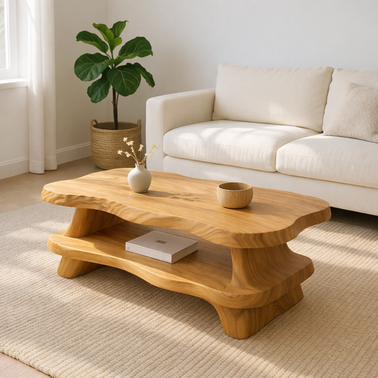Modern Solid Wood Coffee Table with Organic Live Edge and Lower Shelf - view 1 of 7