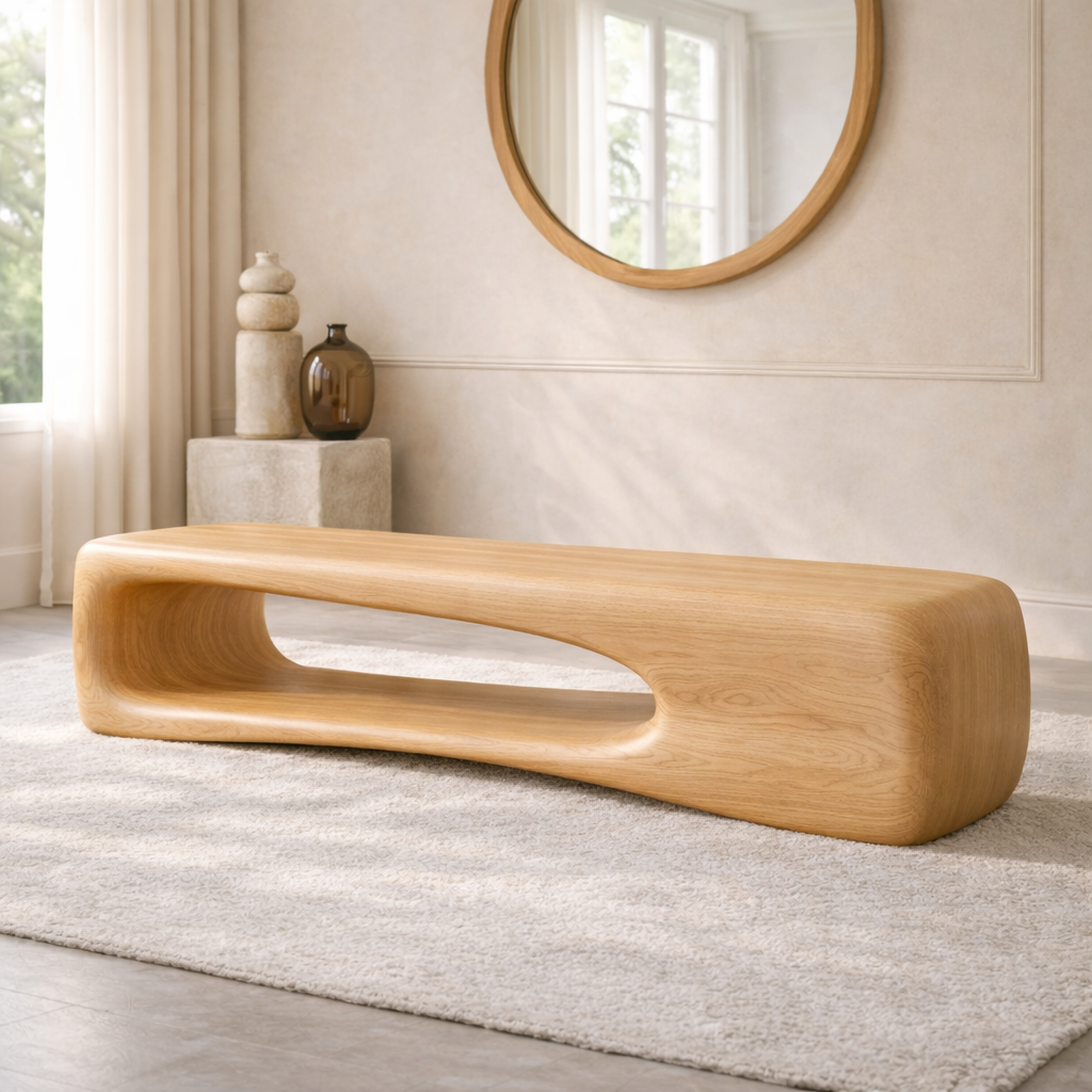 Modern Sculptural Wooden Entryway Bench, Curved Minimalist Hallway Seating Decor - view 1 of 7