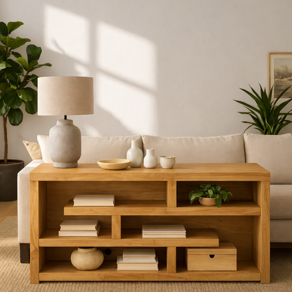 Modern Wood Console Table, Mid Century Media Console Cabinet with Open Storage Shelves - view 1 of 7