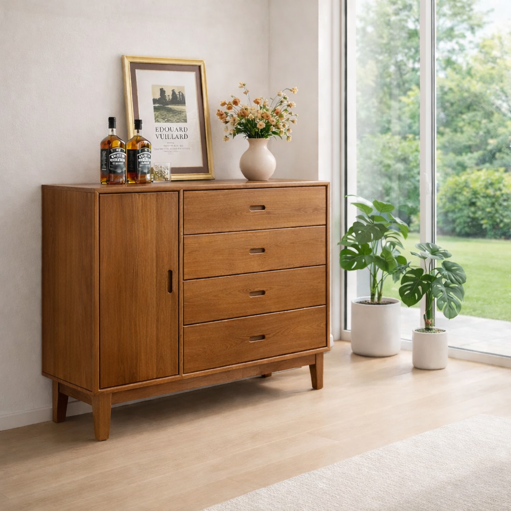 Mid Century Storage Sideboard Cabinet with 4 Drawers and Door – Compact Console - view 3 of 7