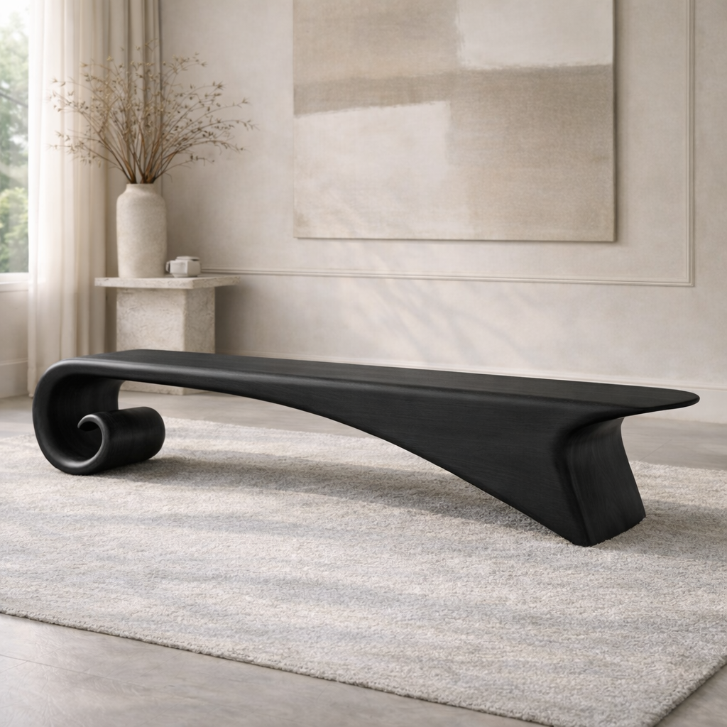 Modern Curved Entryway Bench Sculptural Wooden Hallway Seat Minimalist Furniture - view 4 of 7