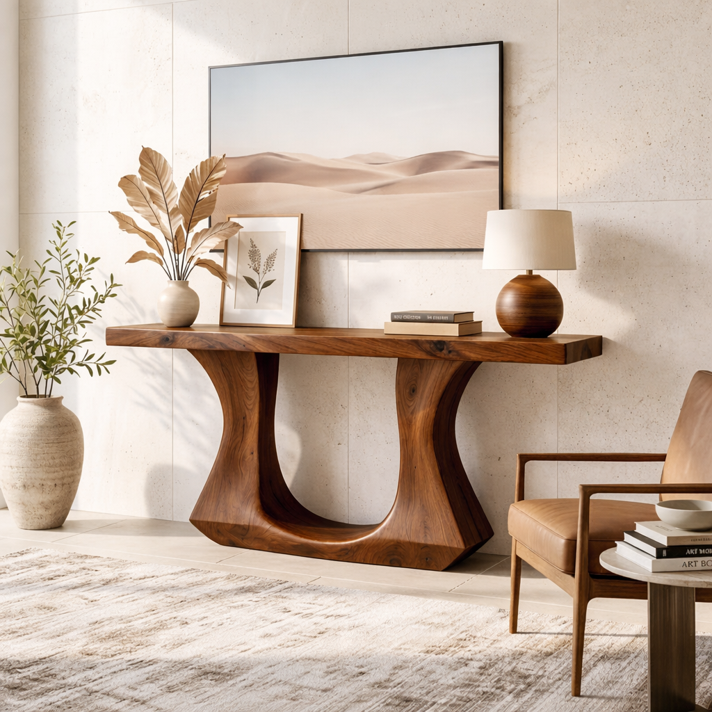 Solid Wood Console Table with Sculptural Curved Base, Modern Art Design - view 3 of 7