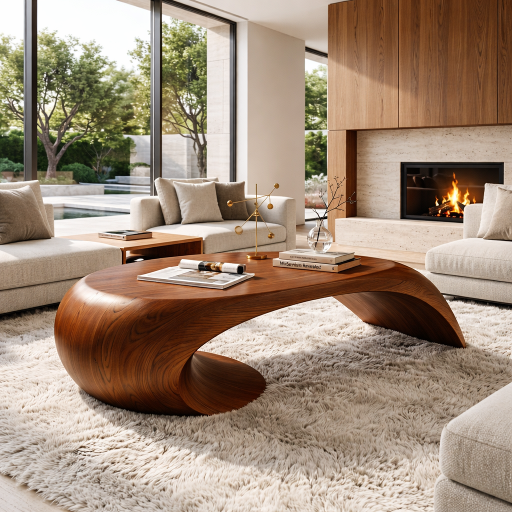 Modern Wooden Coffee Table with Sculptural Curved Design - view 3 of 7
