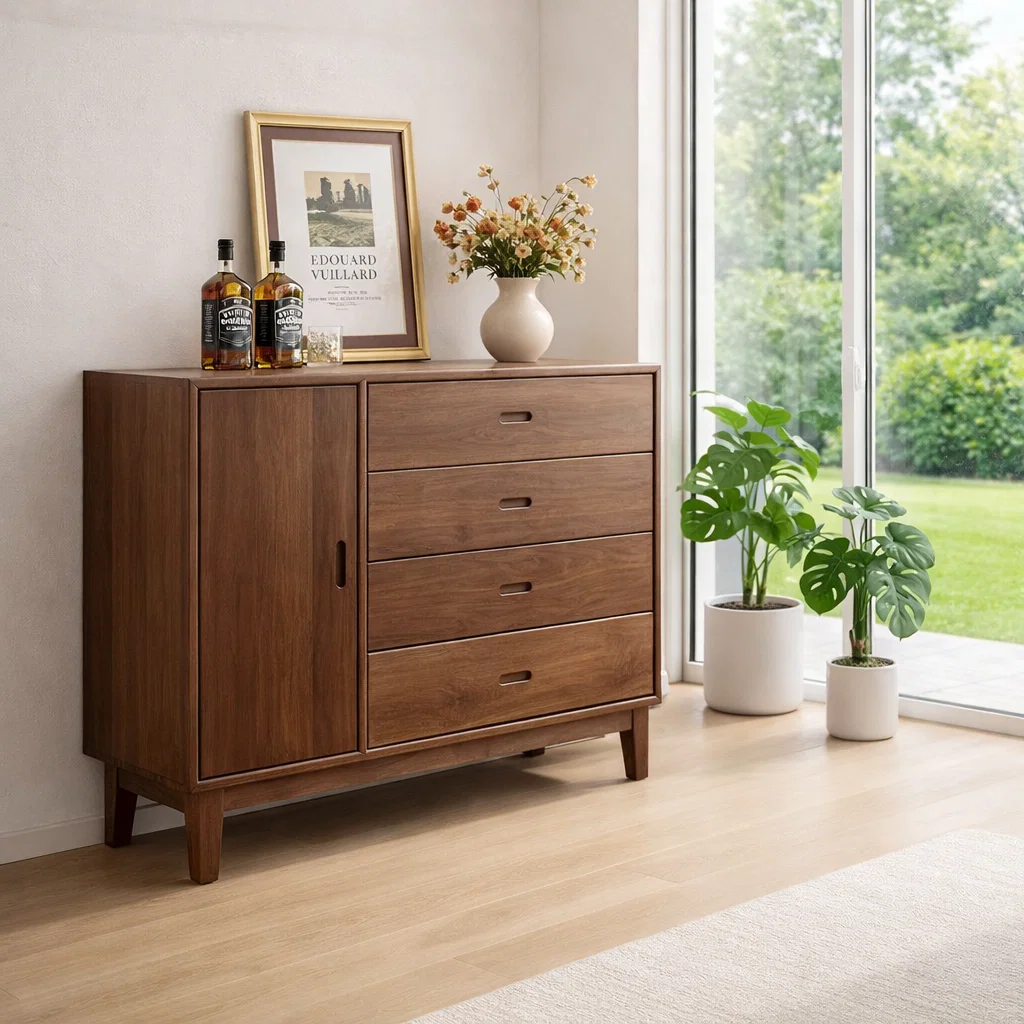 Mid Century Storage Sideboard Cabinet with 4 Drawers and Door – Compact Console - view 2 of 7