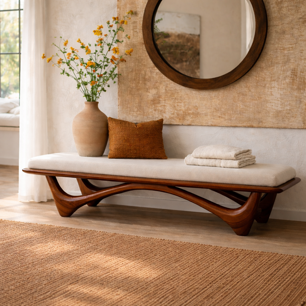 Solid Wood Entryway Bench with Curved Base, Modern Rustic Hallway Seating - view 6 of 7