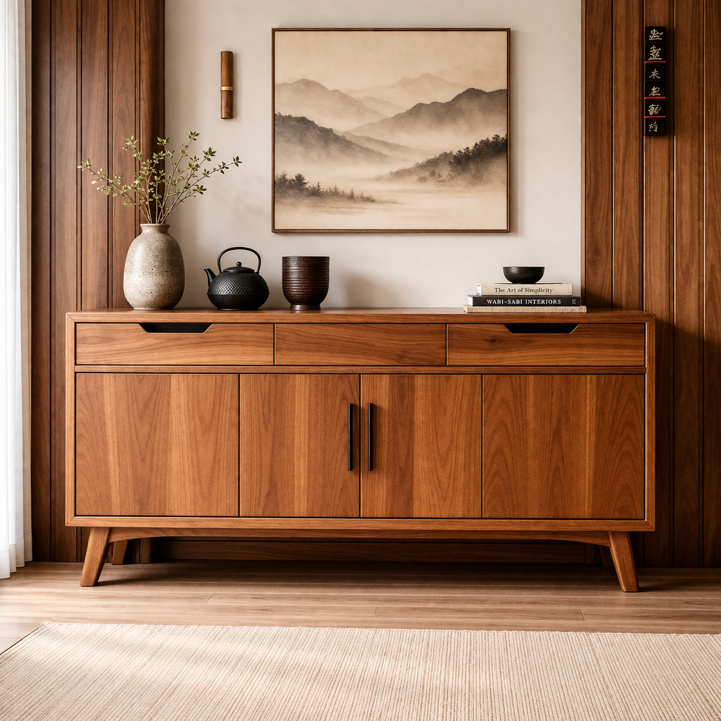 Mid-Century Solid Wood Console Cabinet with 2 Drawers and 4 Doors Storage - view 3 of 7