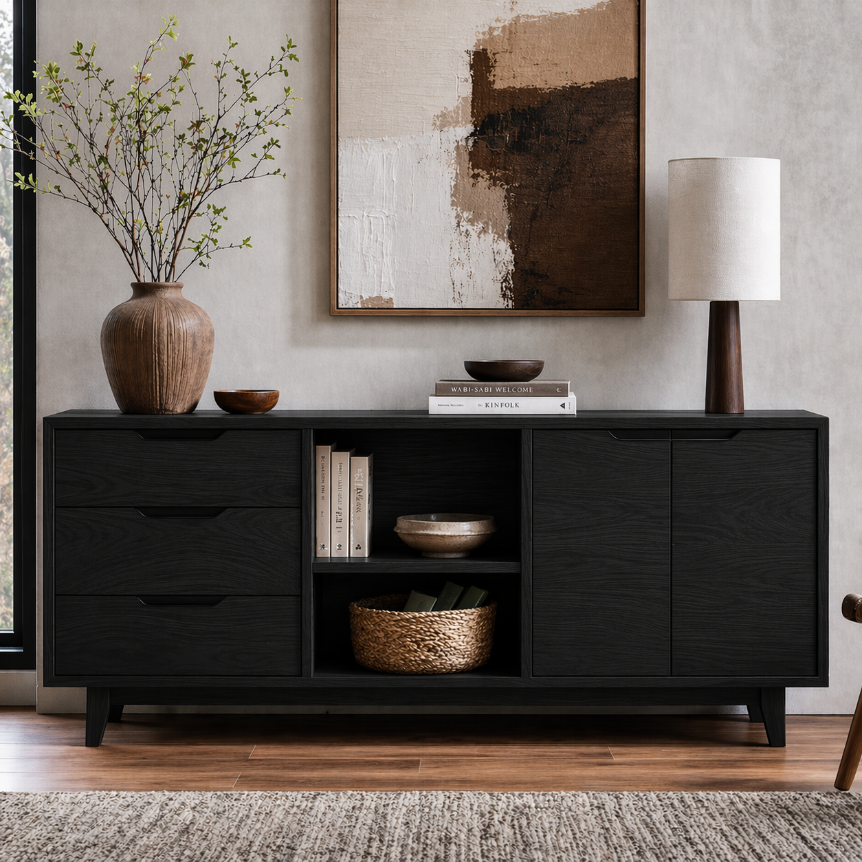 Modern Solid Wood Sideboard Cabinet with Drawers, Doors & Open Shelf Storage - view 4 of 7