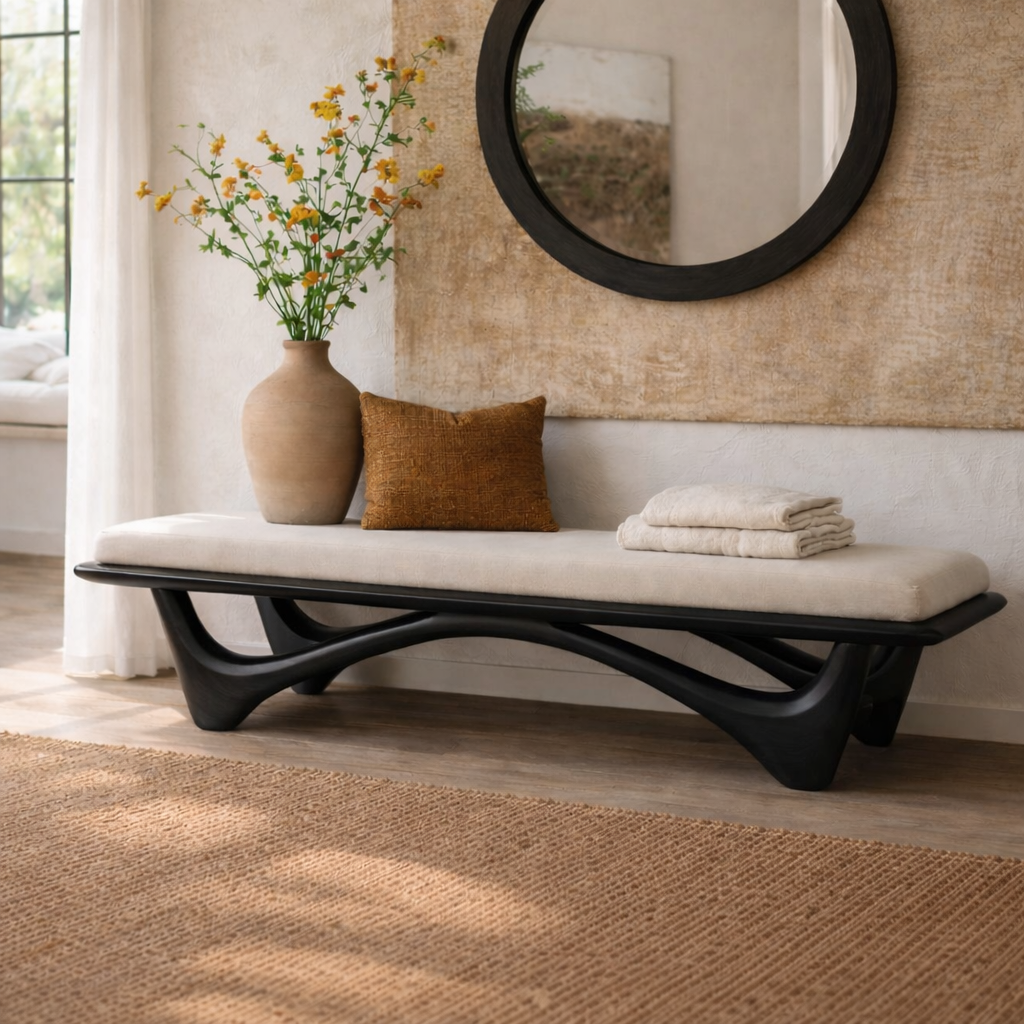 Solid Wood Entryway Bench with Curved Base, Modern Rustic Hallway Seating - view 7 of 7