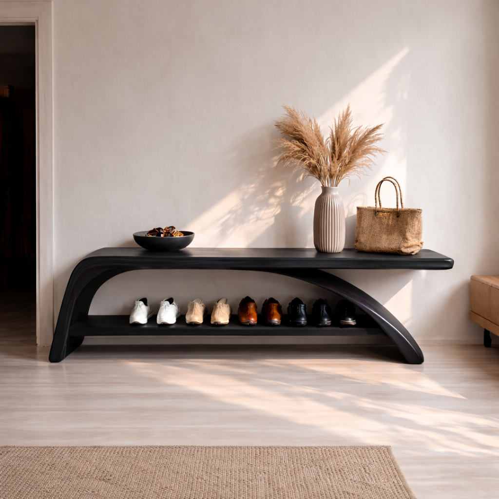 Solid Wood Entryway Bench with Shoe Storage Shelf – Modern Wooden Shoe Rack Bench - view 4 of 7