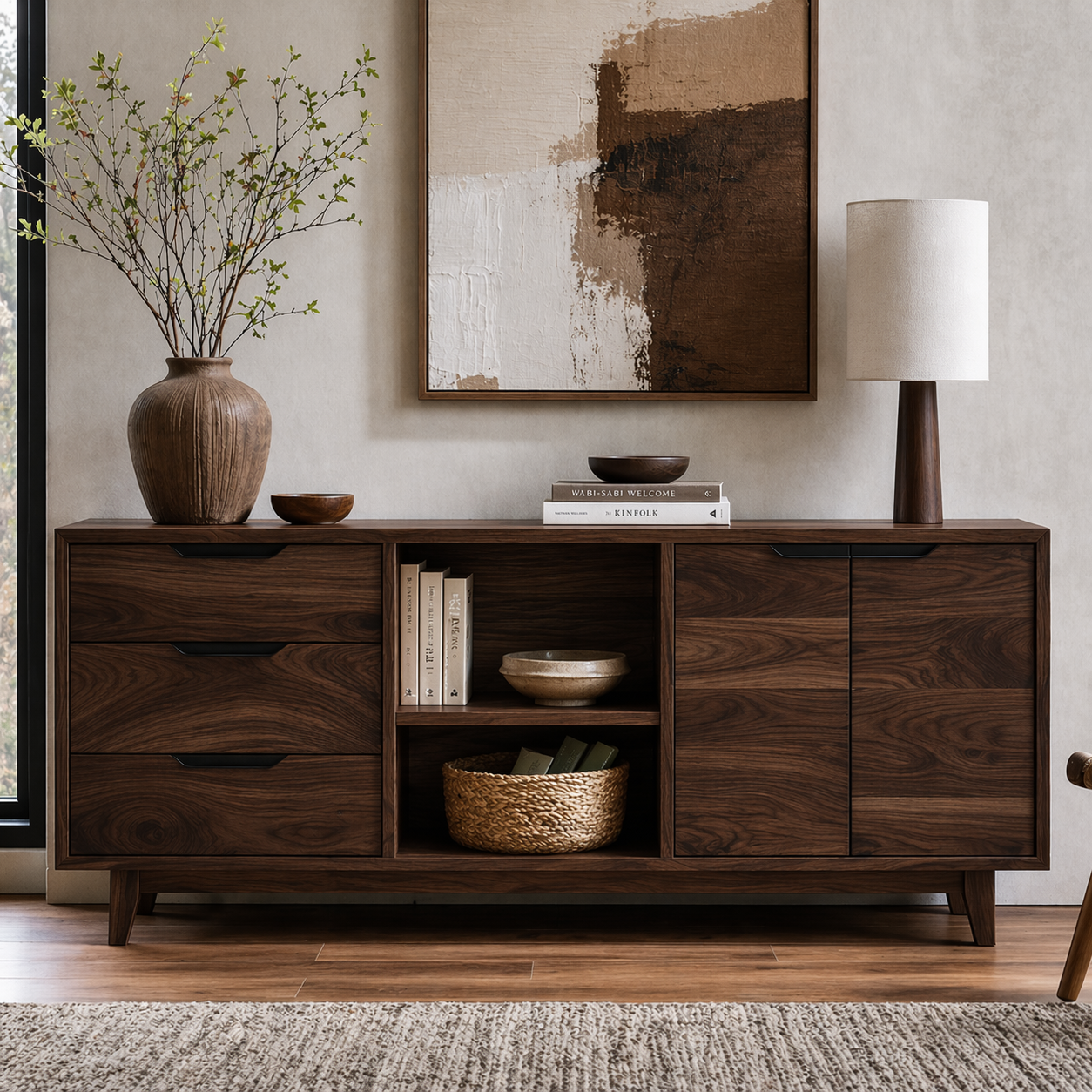 Modern Solid Wood Sideboard Cabinet with Drawers, Doors & Open Shelf Storage - view 2 of 7