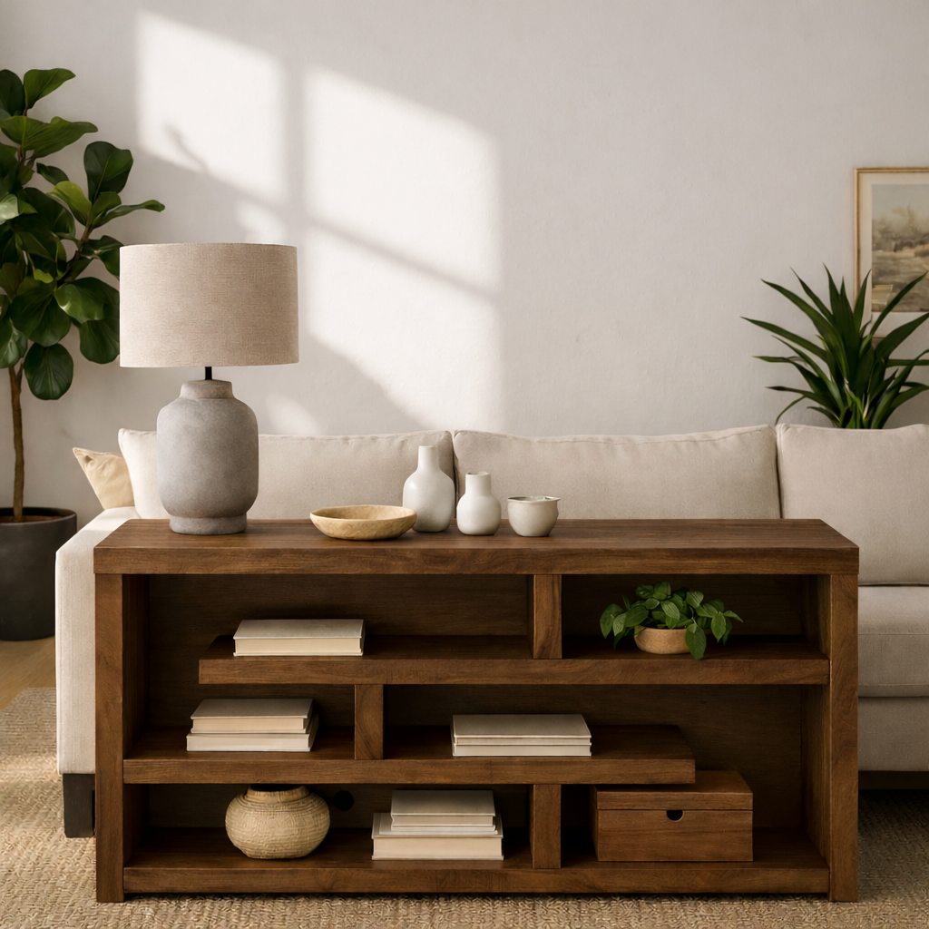 Modern Wood Console Table, Mid Century Media Console Cabinet with Open Storage Shelves - view 6 of 7