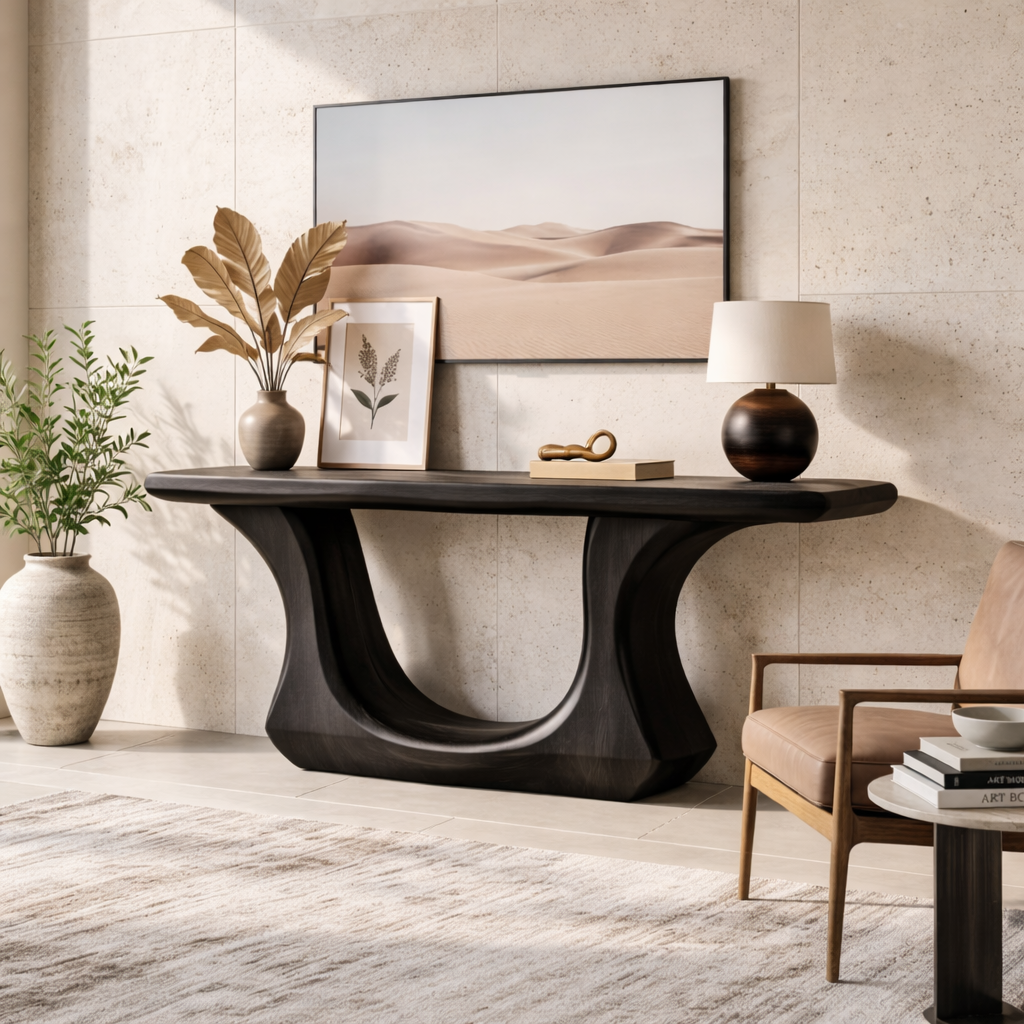 Solid Wood Console Table with Sculptural Curved Base, Modern Art Design - view 4 of 7