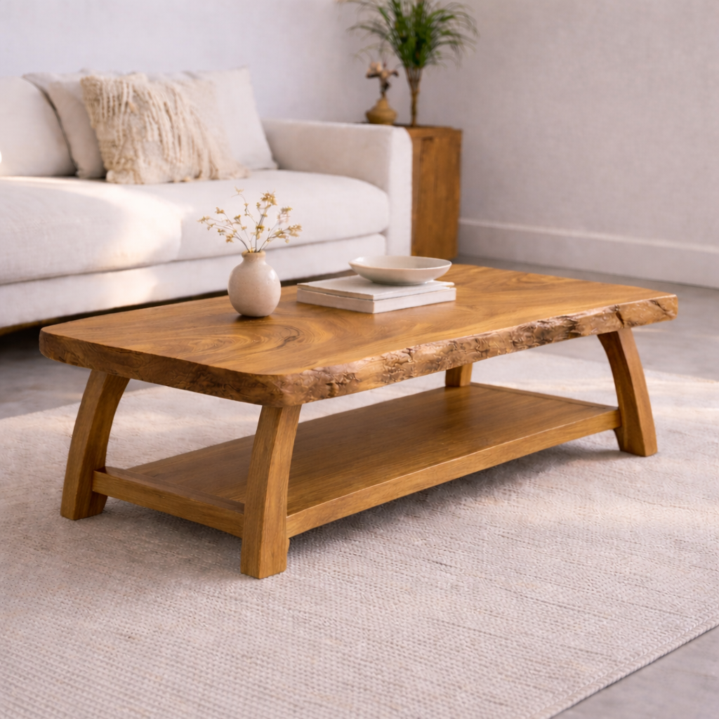 Live Edge Solid Wood Coffee Table with Storage Shelf – Rustic Modern Living Room Table - view 4 of 7