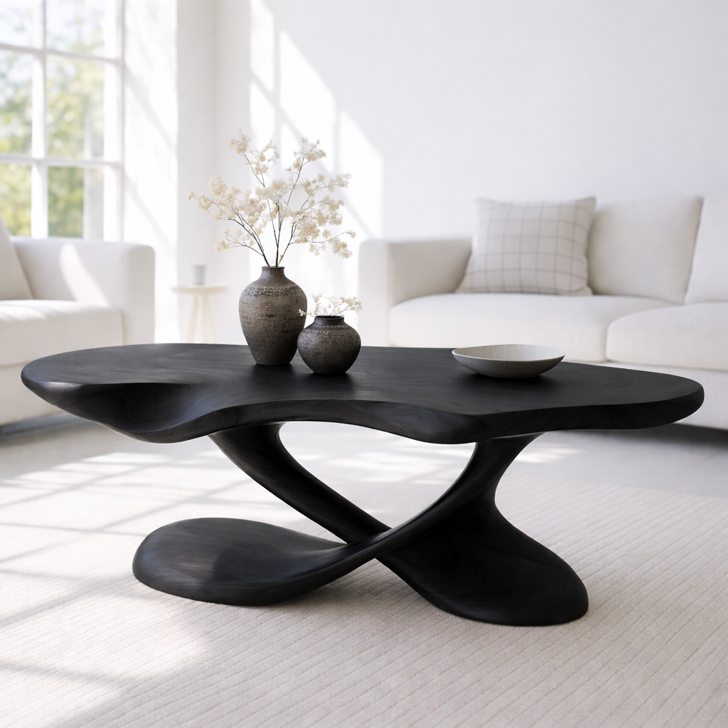 Modern Solid Wood Coffee Table with Sculptural Curved Base for Living Room - view 3 of 7