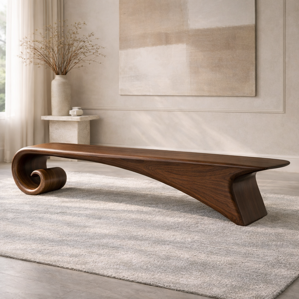 Modern Curved Entryway Bench Sculptural Wooden Hallway Seat Minimalist Furniture - view 3 of 7