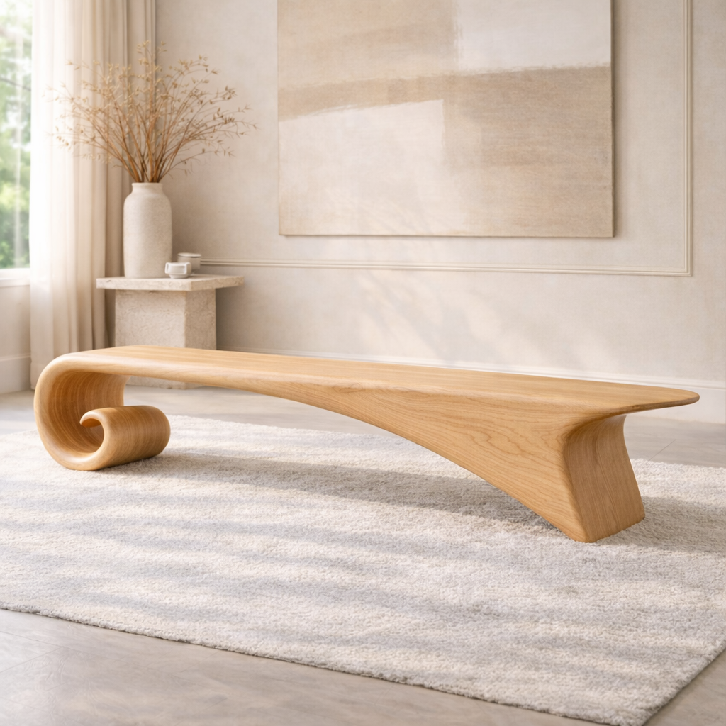 Modern Curved Entryway Bench Sculptural Wooden Hallway Seat Minimalist Furniture - view 1 of 7