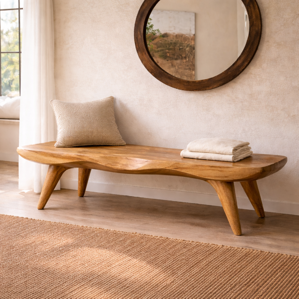 Live Edge Solid Wood Bench, Sculpted Rustic Entryway Hallway Seating - view 1 of 7