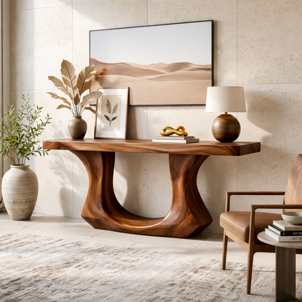 Solid Wood Console Table with Sculptural Curved Base, Modern Art Design - view 2 of 7