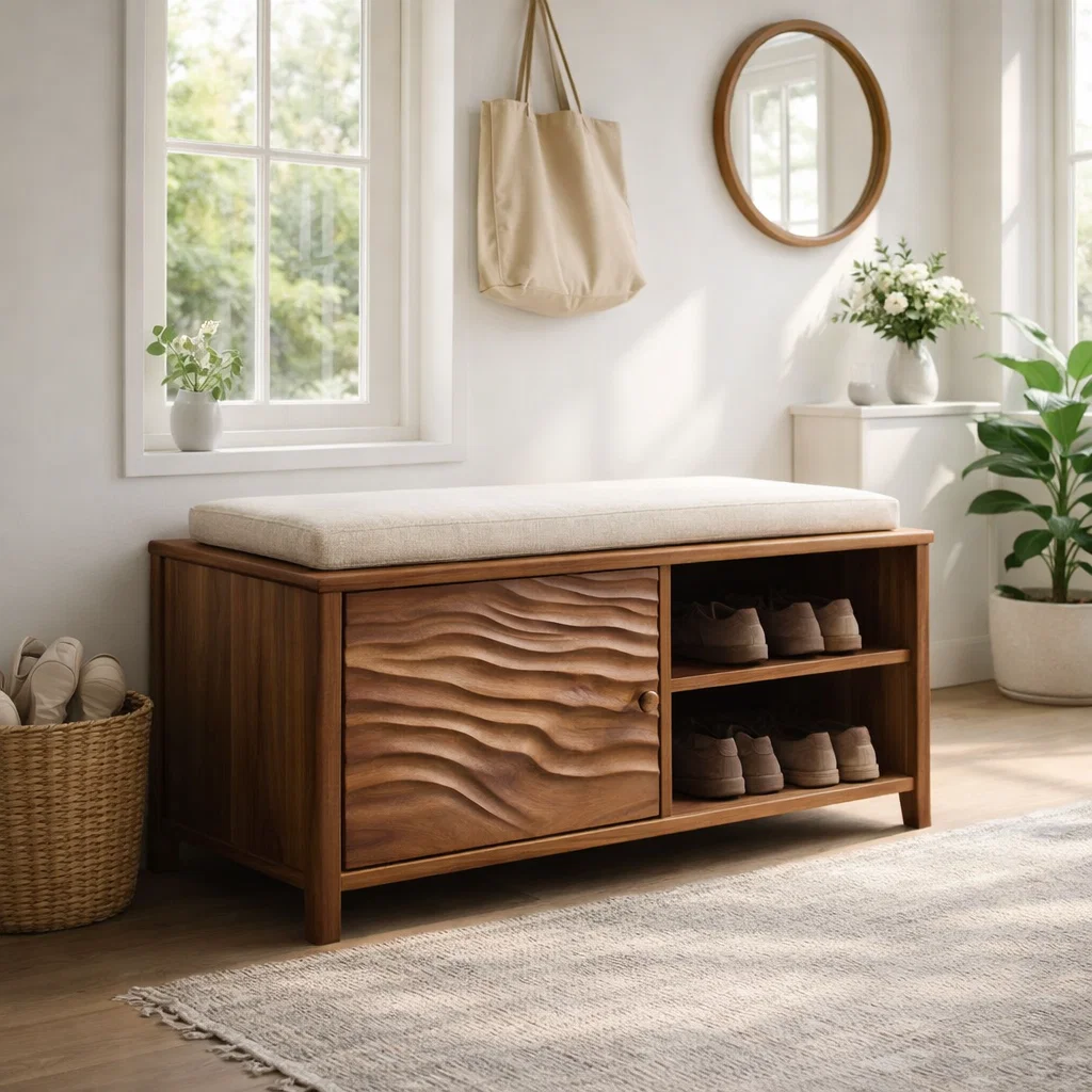 Solid Wood Shoe Bench with Cushion & Storage – Entryway Organizer with Shelf - view 2 of 7