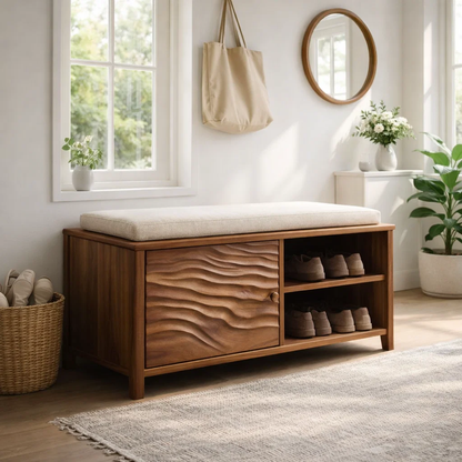 Solid Wood Shoe Bench with Cushion & Storage – Entryway Organizer with Shelf - view 2 of 7