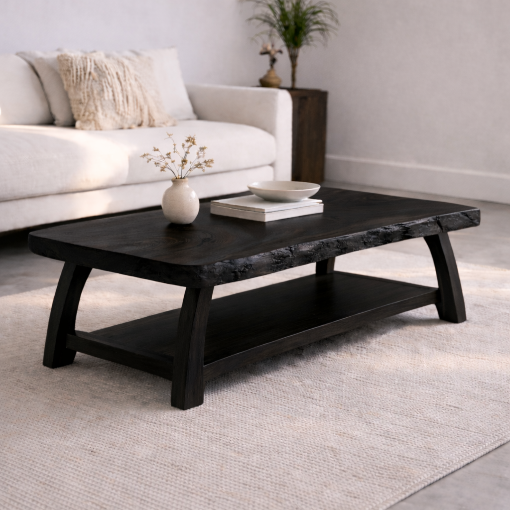 Live Edge Solid Wood Coffee Table with Storage Shelf – Rustic Modern Living Room Table - view 2 of 7