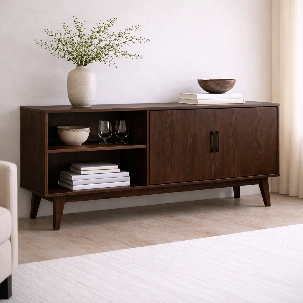 Solid Wood Console Cabinet with Open Shelves and Storage Doors - view 2 of 7