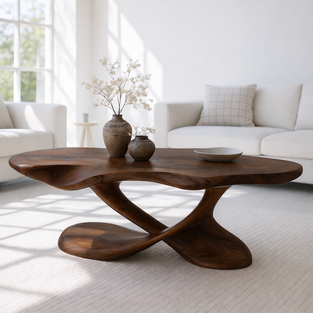 Modern Solid Wood Coffee Table with Sculptural Curved Base for Living Room - view 4 of 7