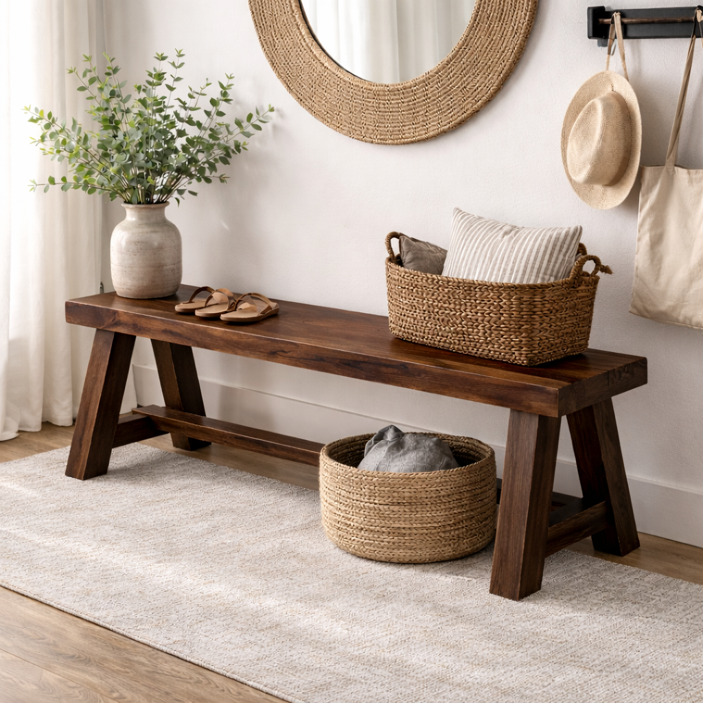 Rustic Solid Wood Entryway Bench with Storage | Modern Hallway Seating - view 2 of 7