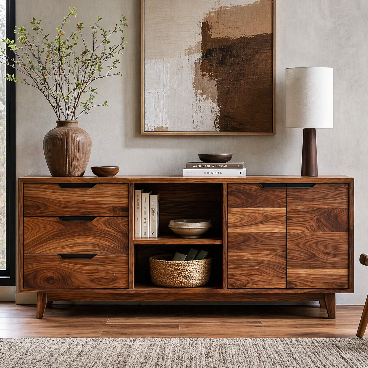 Modern Solid Wood Sideboard Cabinet with Drawers, Doors & Open Shelf Storage - view 3 of 7