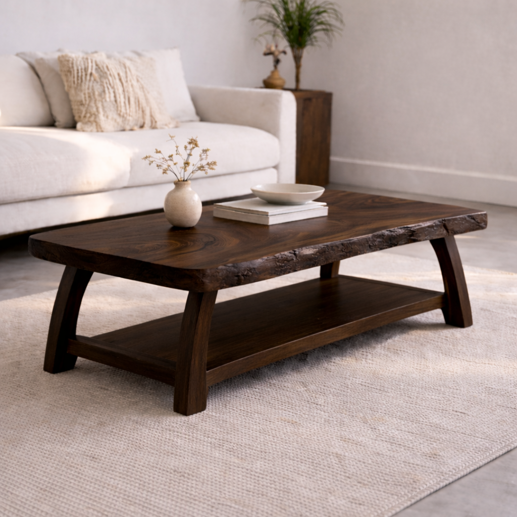 Live Edge Solid Wood Coffee Table with Storage Shelf – Rustic Modern Living Room Table - view 3 of 7