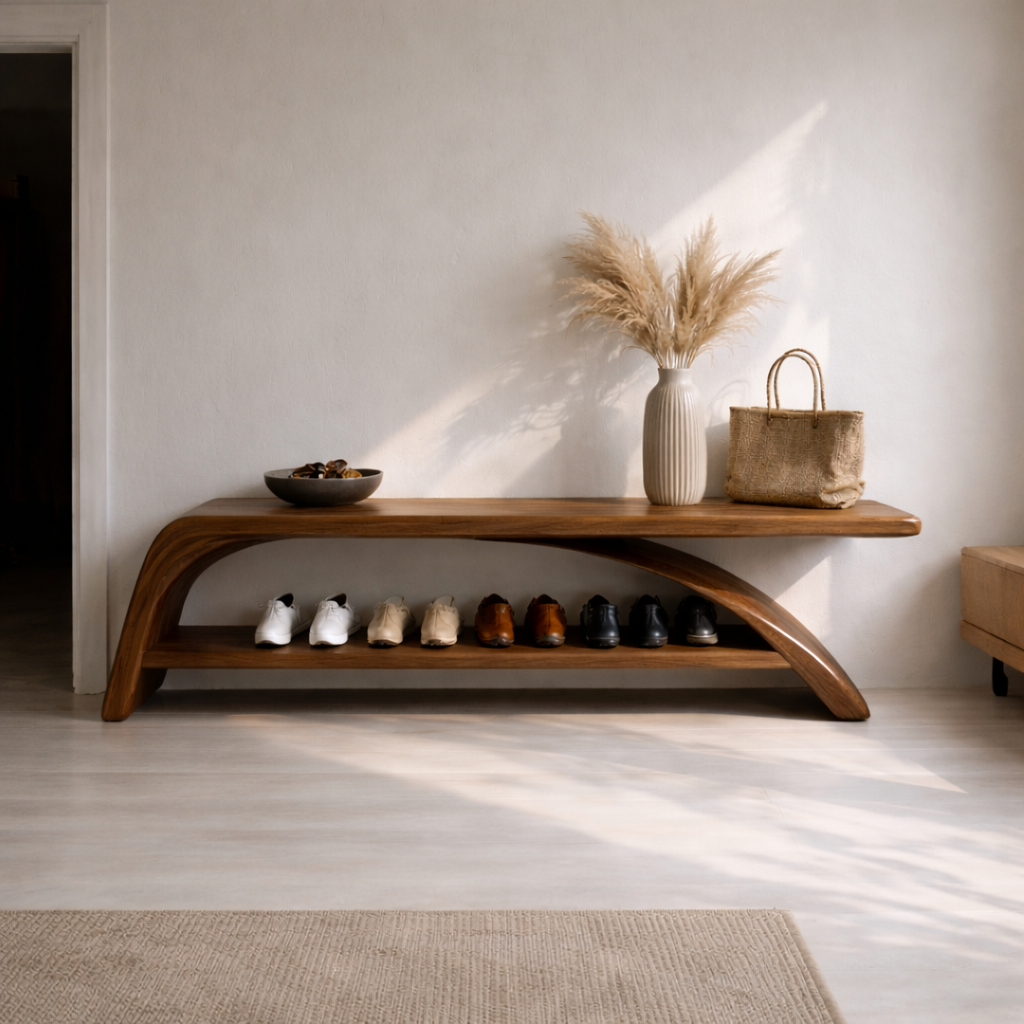 Solid Wood Entryway Bench with Shoe Storage Shelf – Modern Wooden Shoe Rack Bench - view 3 of 7