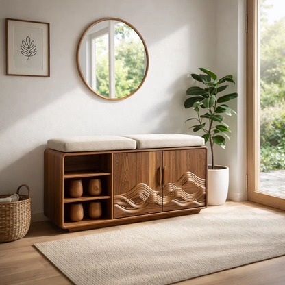 Solid Wood Shoe Bench with Cushion & Cabinet – Entryway Storage with Shelves - view 3 of 7