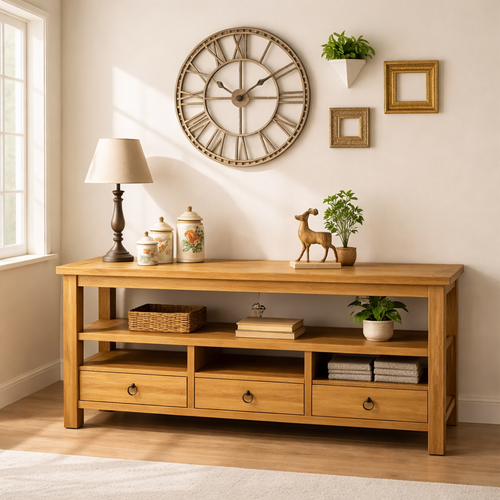 Solid Wood Console Table with Drawers, Rustic Oak Media Console Table with Open Shelves - view 1 of 6