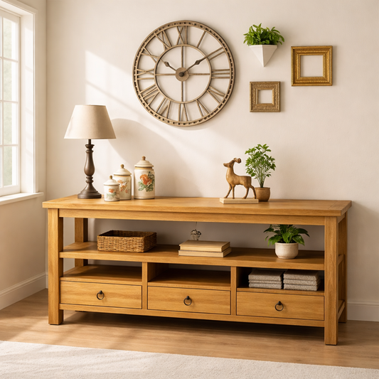 Solid Wood Console Table with Drawers, Rustic Oak Media Console Table with Open Shelves - view 1 of 6