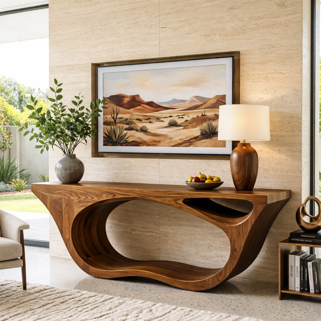 Solid Wood Console Table with Sculpted Open Base, Modern Organic Design - view 3 of 7