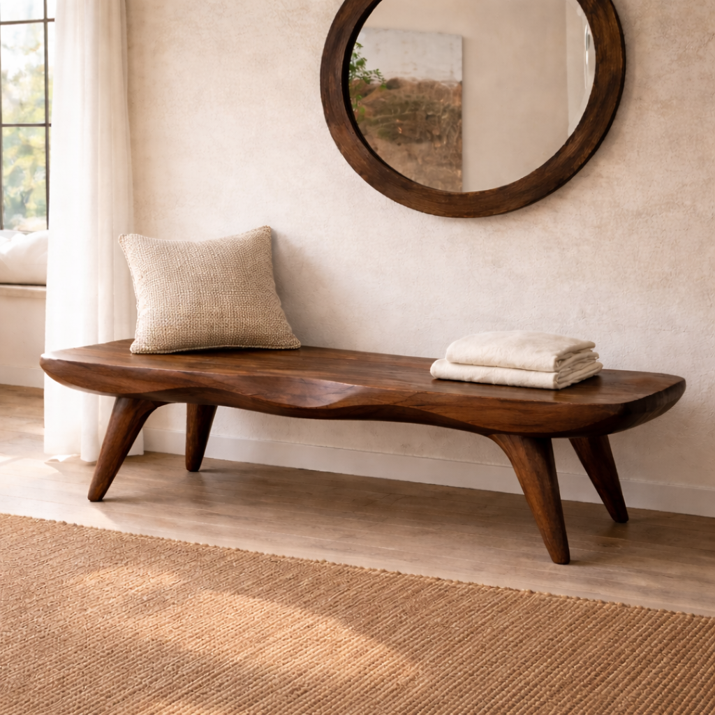 Live Edge Solid Wood Bench, Sculpted Rustic Entryway Hallway Seating - view 6 of 7