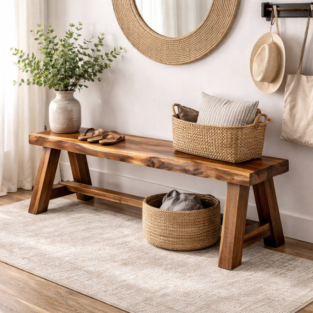 Rustic Solid Wood Entryway Bench with Storage | Modern Hallway Seating - view 3 of 7