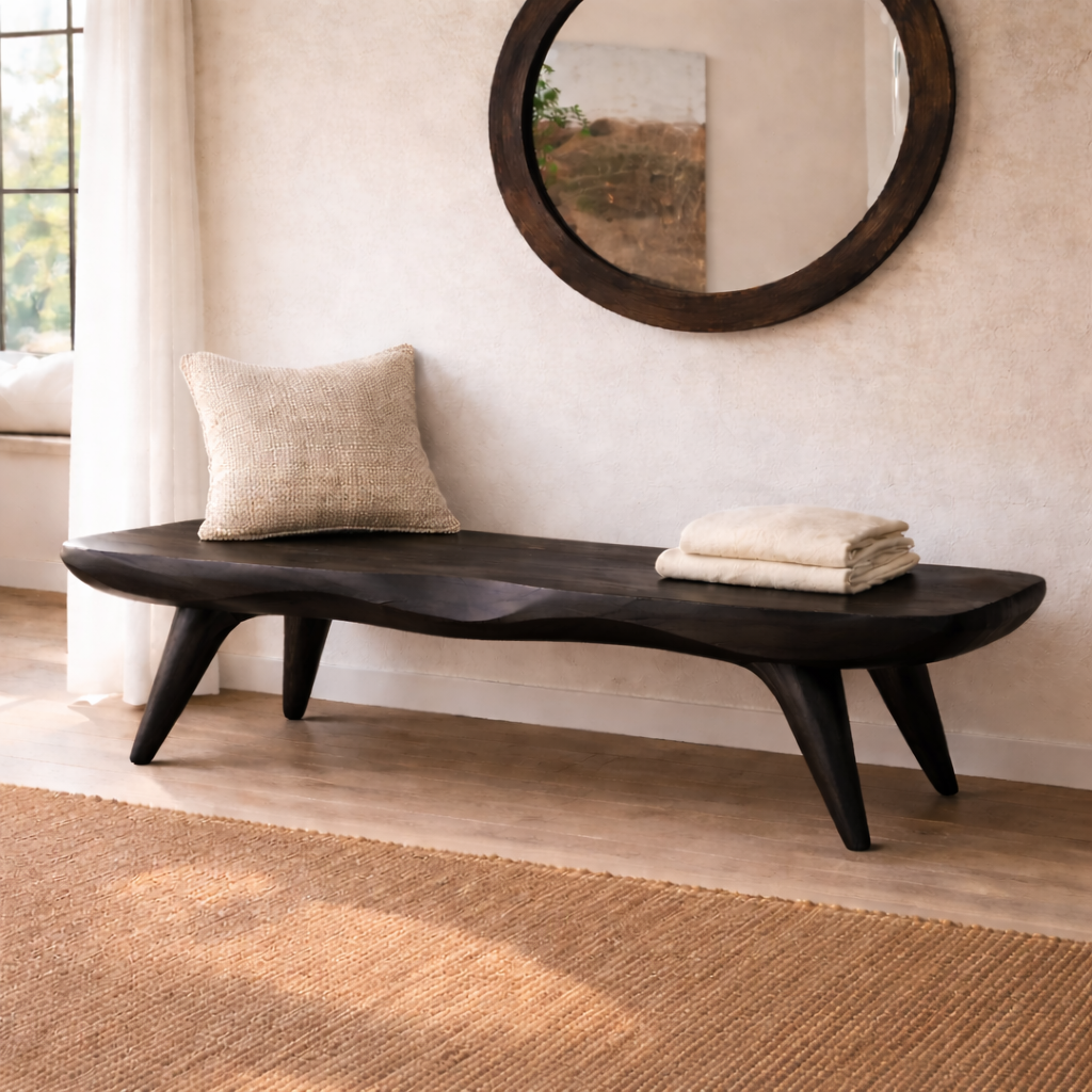 Live Edge Solid Wood Bench, Sculpted Rustic Entryway Hallway Seating - view 3 of 7
