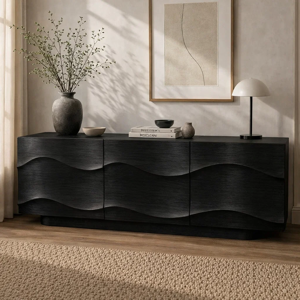 Modern Solid Wood Sideboard Cabinet with Wave Design Doors – Minimalist Storage - view 4 of 7