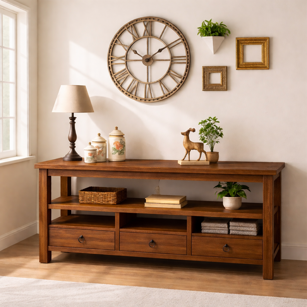 Solid Wood Console Table with Drawers, Rustic Oak Media Console Table with Open Shelves - view 5 of 6