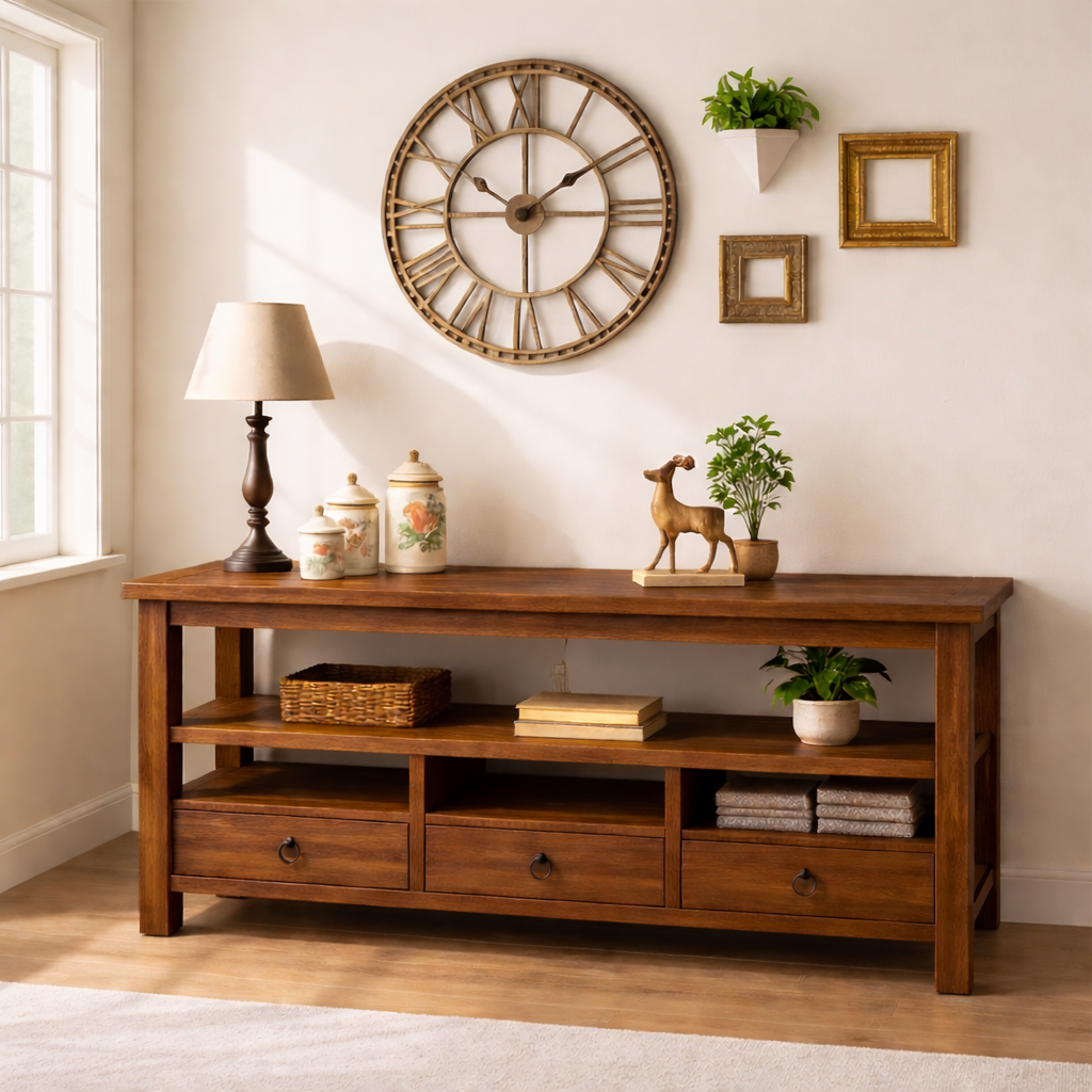 Solid Wood Console Table with Drawers, Rustic Oak Media Console Table with Open Shelves - view 4 of 6