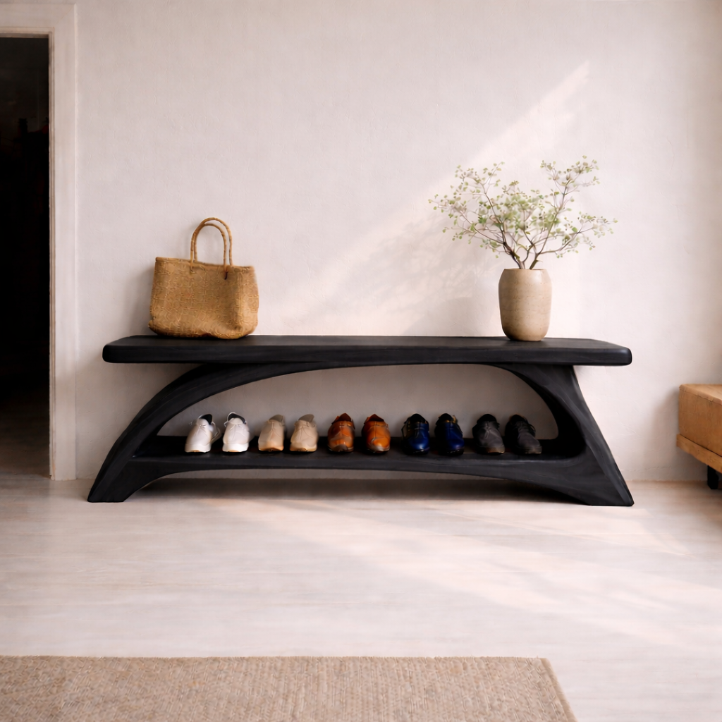 Solid Wood Entryway Bench with Shoe Storage Shelf – Modern Curved Wooden Shoe Rack Bench - view 4 of 7