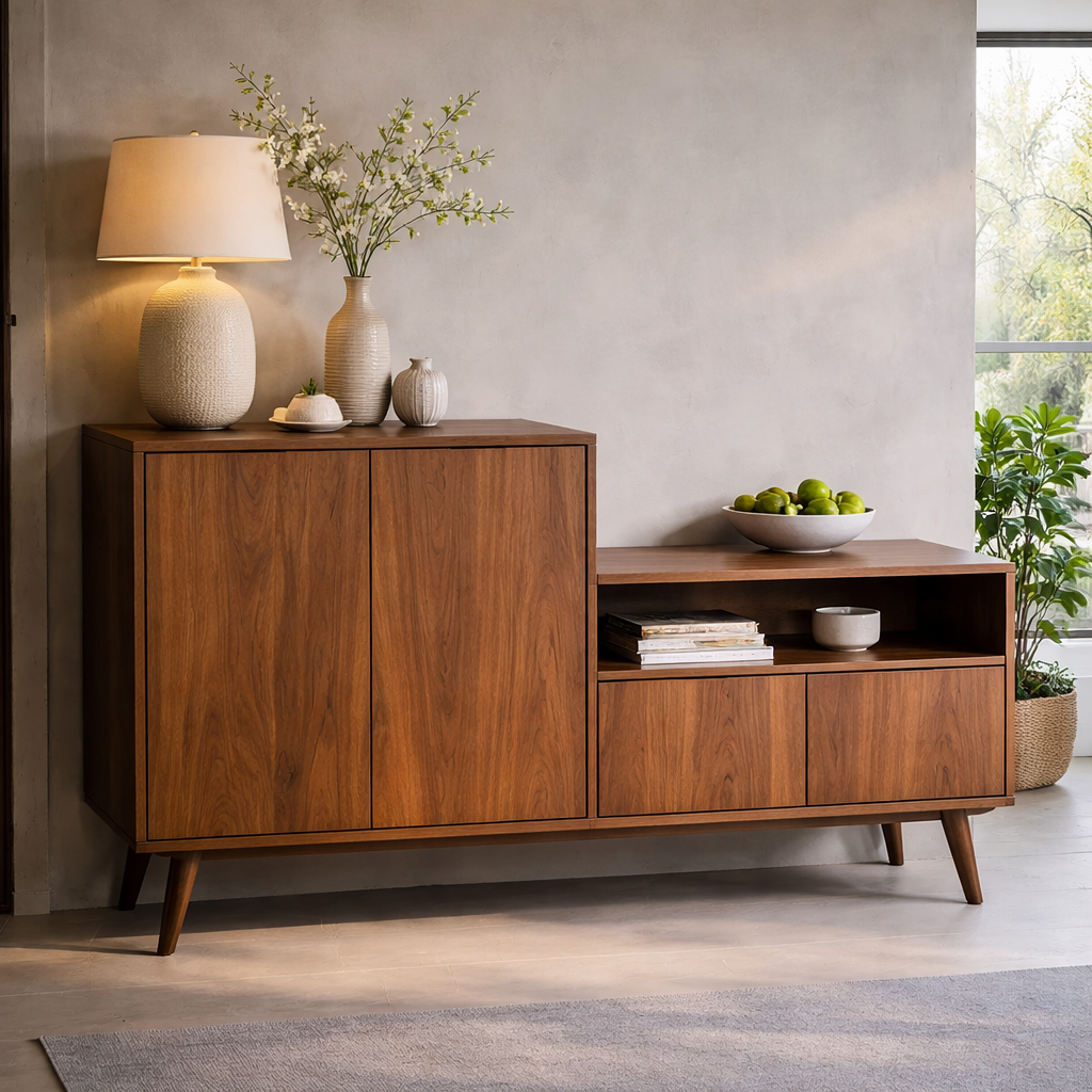 Solid Wood Console Cabinet with Open Shelf and Storage Doors – Modern Sideboard - view 3 of 7