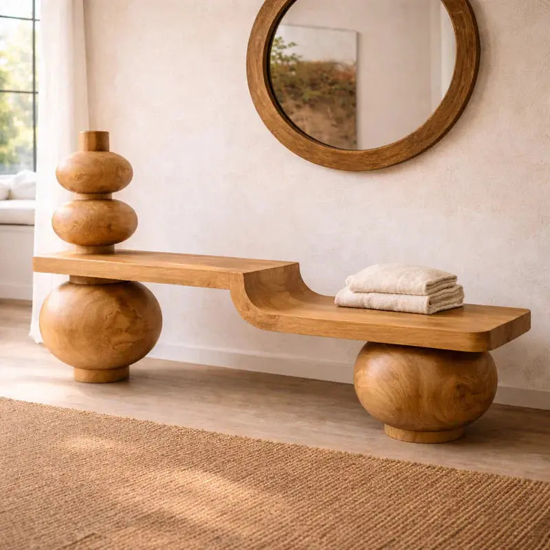Sculptural Solid Wood Bench, Modern Artistic Entryway Statement Seating - view 7 of 7