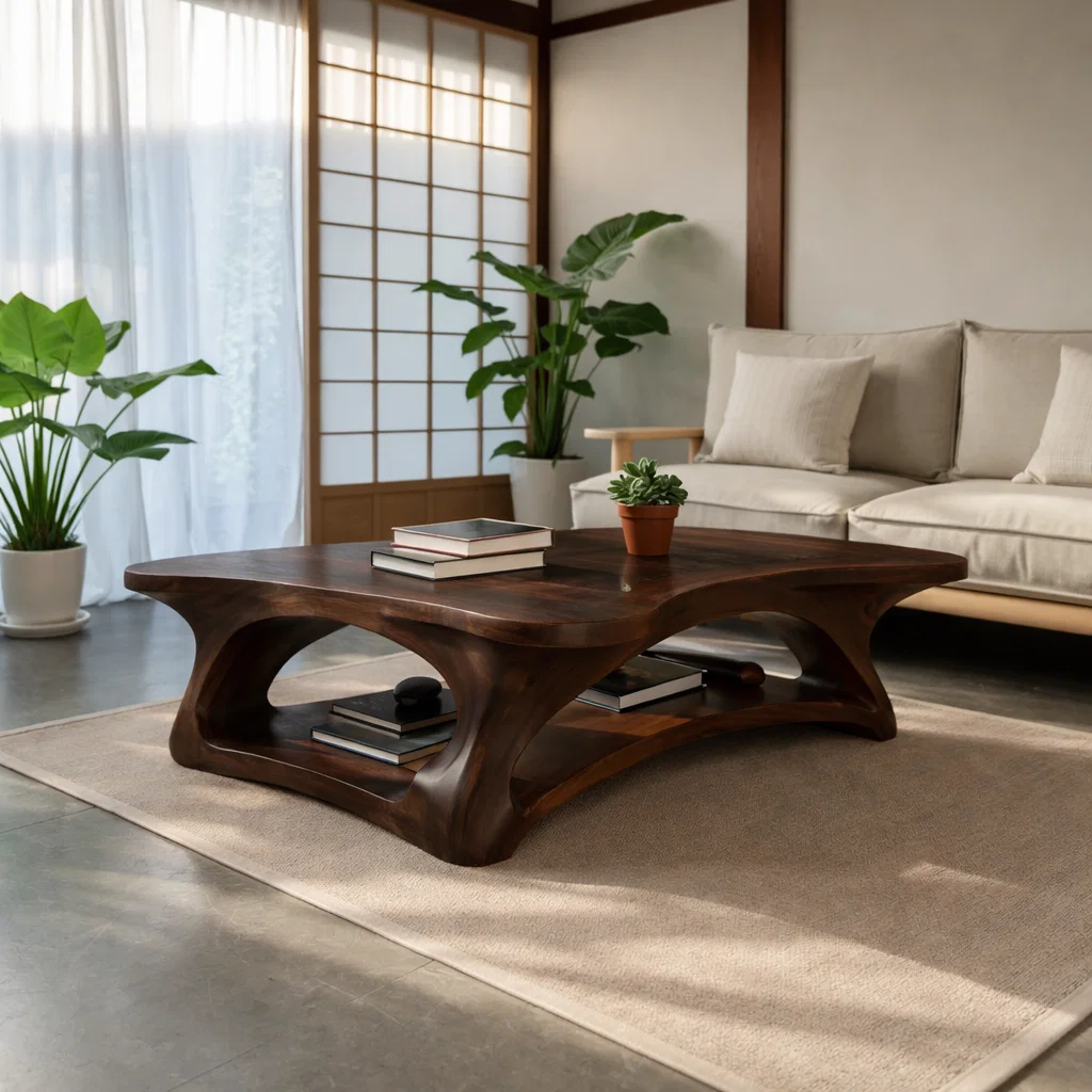 Solid Wood Coffee Table with Sculpted Organic Design – Modern Living Room Furniture - view 3 of 7