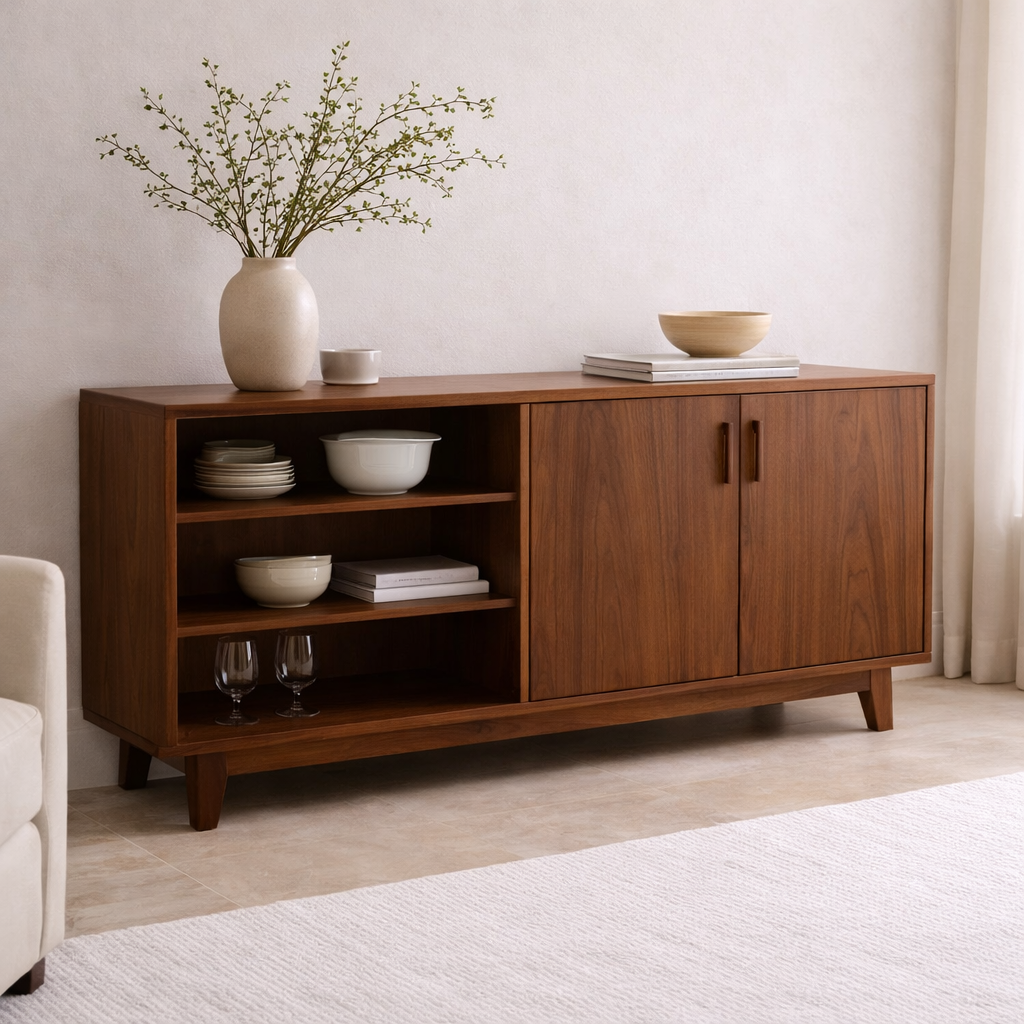 Modern Solid Wood Sideboard Console Cabinet with Open Shelf and Doors - view 2 of 7