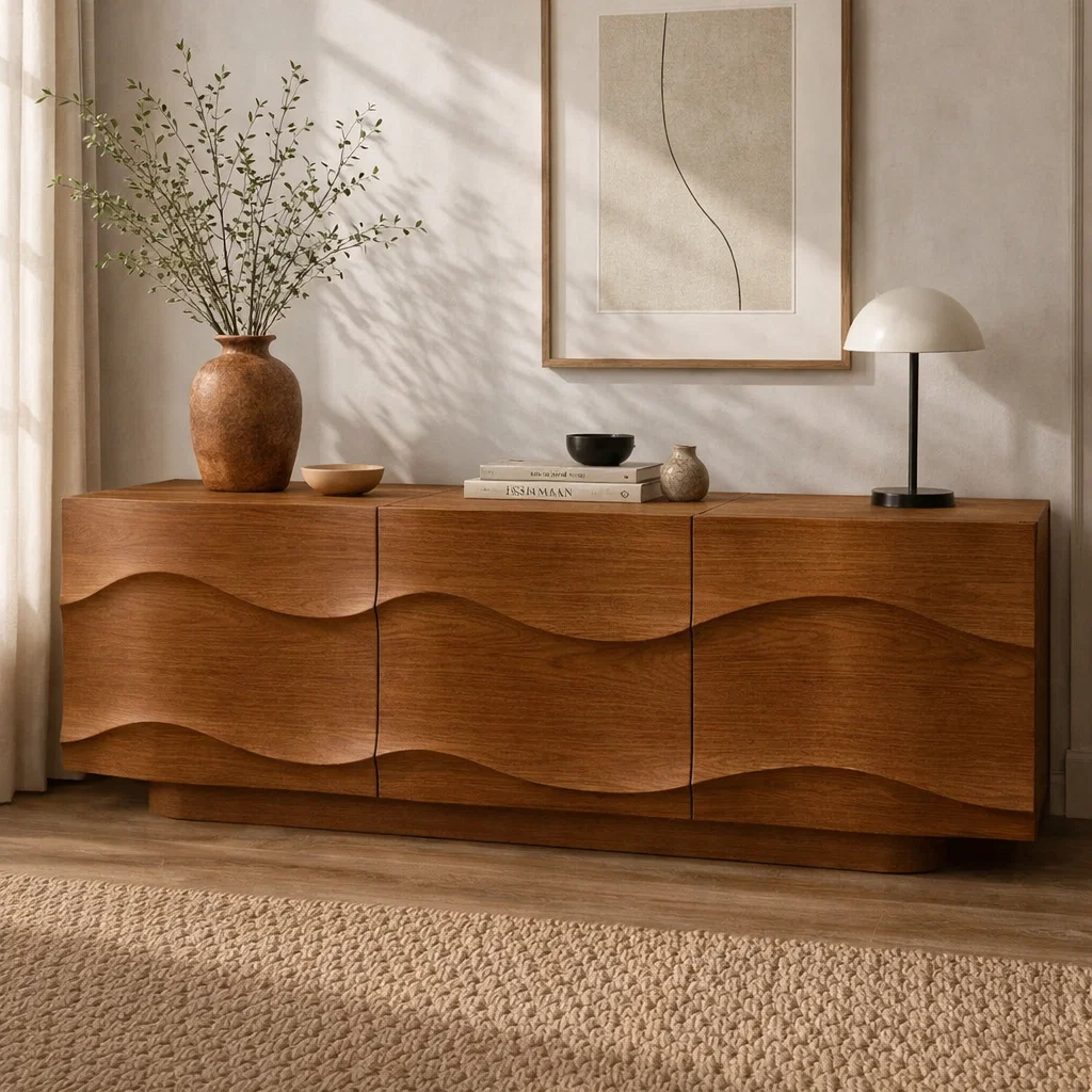 Modern Solid Wood Sideboard Cabinet with Wave Design Doors – Minimalist Storage - view 3 of 7