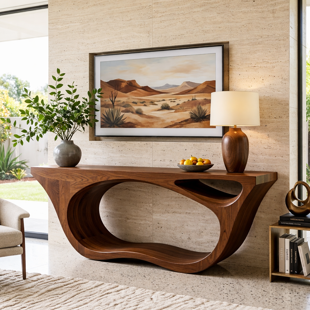 Solid Wood Console Table with Sculpted Open Base, Modern Organic Design - view 2 of 7