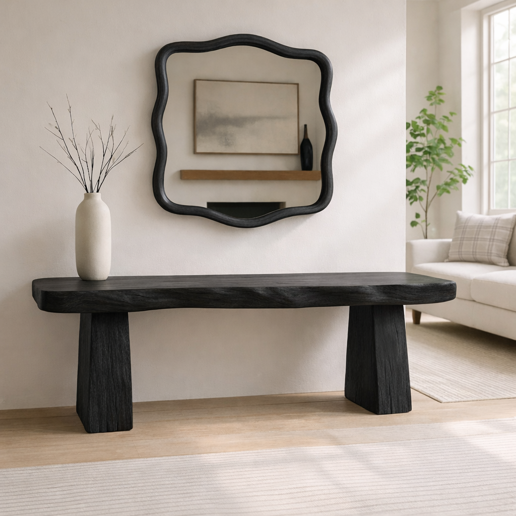 Solid Wood Entryway Bench with Sculpted Base, Handmade Rustic Hallway Seat - view 3 of 7