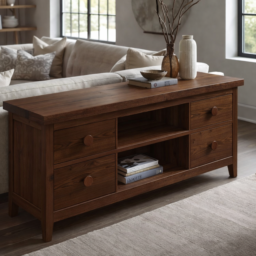 Solid Wood Console Cabinet with 2 Drawers & Open Shelving – Modern Storage Solution - view 2 of 7